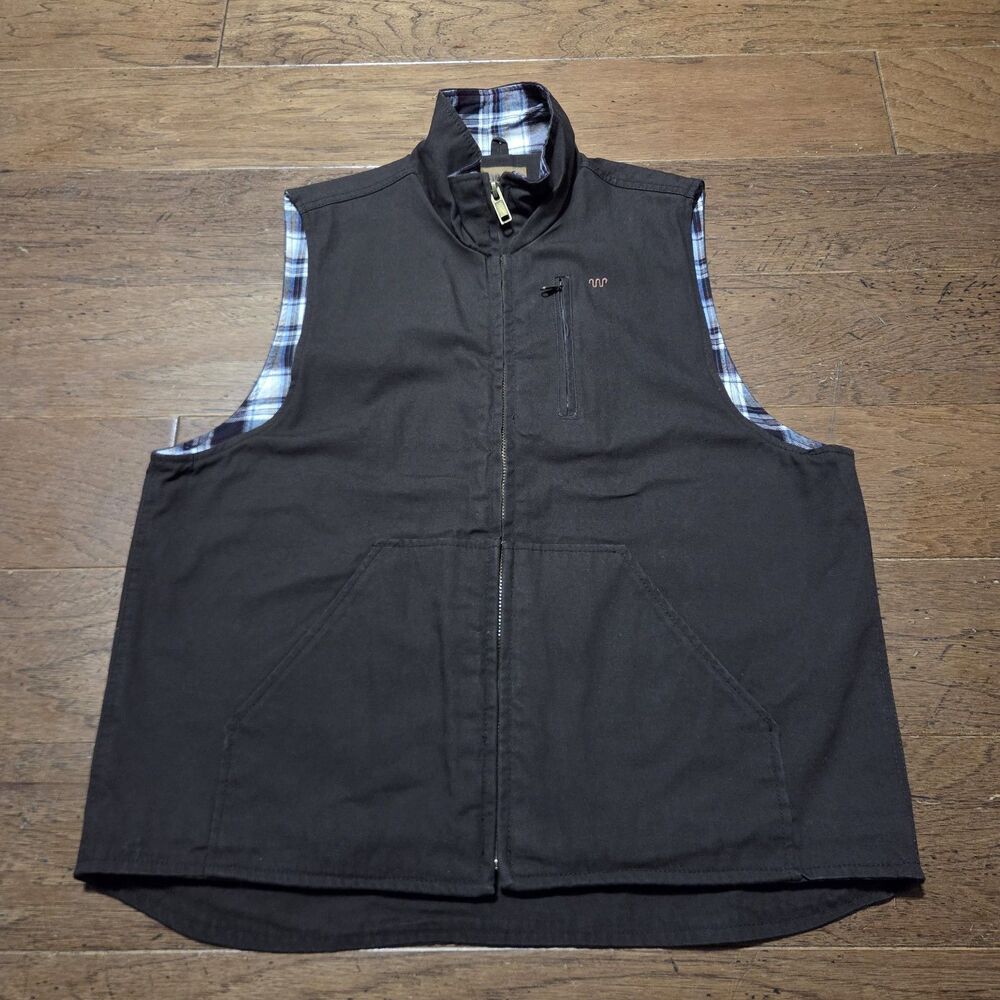 King Ranch Brown Canvas Work Large Vest Mens Plaid Lined Zip Front Western